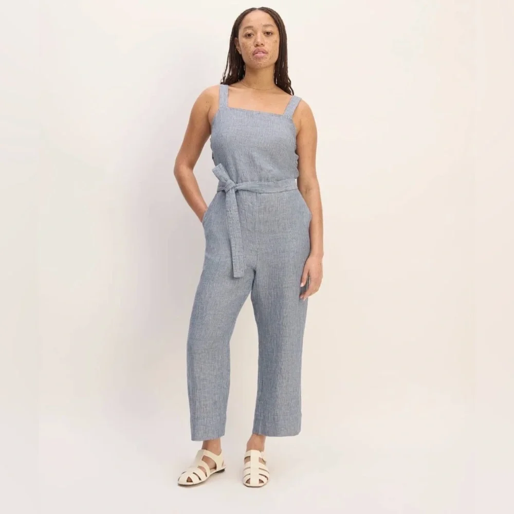EVERLANE | LINEN STRIPED BELTED SQUARE NECKLINE JUMPSUIT SIZE 0 GRAY WHITE